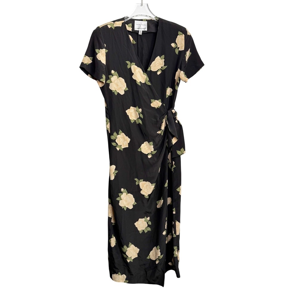 Vintage Adrianna Papell Safe Silk Dress Womens 12 Black Rose Floral Wrap Maxi